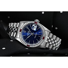 Rolex 31mm Datejust Blue Stick Dial with Ruby & Diamond Bezel Ladies Watch