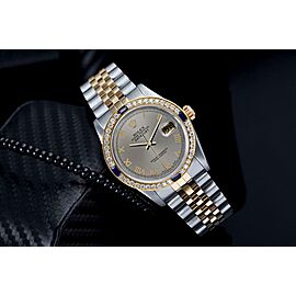 Women's Rolex 31mm Datejust Sapphire & Diamond Bezel Two Tone Watch Grey Roman Dial