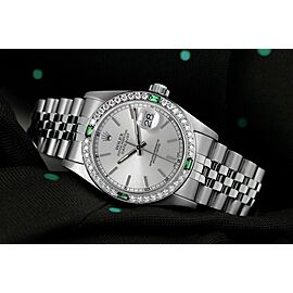 Rolex 31mm Datejust Silver Stick Dial with Diamond & Emerald Bezel Steel Ladies Wrist Watch