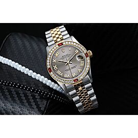 Women's Rolex 31mm Datejust Diamond Bezel with Ruby Two Tone Watch Silver Roman Dial