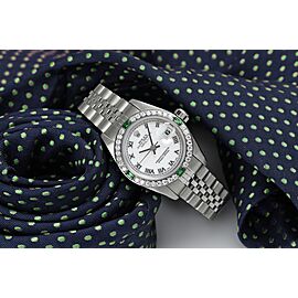 Rolex 26mm Datejust White Roman Dial with Emerald & Diamond Bezel Steel Ladies Watch