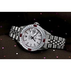 Rolex White Stick Dial 26mm Datejust Diamond & Ruby Bezel Ladies Stainless Steel Watch