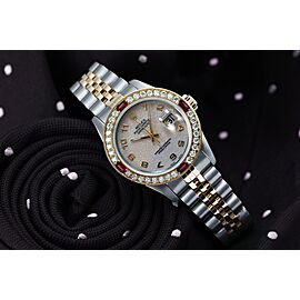 Ladies Rolex 26mm Datejust Diamond+Ruby Bezel Two Tone Watch 69173 Cream Arabic Dial