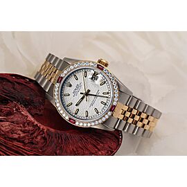 Women's Rolex 31mm Datejust Stick Cream Jubilee Dial Diamond + Ruby Bezel Two Tone Watch