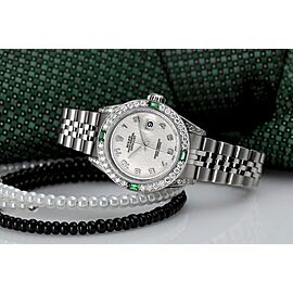 Rolex 26mm Datejust Off White Arabic Dial 69174 Emerald & Diamond Bezel + Lugs Ladies Watch
