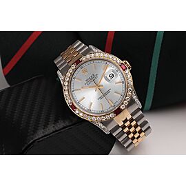 Rolex 36mm Datejust Silver Index Dial Diamond Bezel + Lugs + Rubies Two Tone Watch