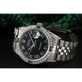 Rolex Datejust 36mm Stainless Steel Black Roman Dial with Diamond & Emerald Bezel