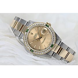 Rolex Champagne Dial 31mm Datejust Two Tone Diamond + Emerald Bezel