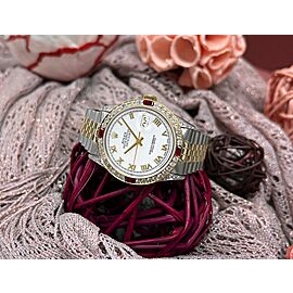 Rolex Datejust White Roman Dial with Diamond Lugs & Diamond/Ruby Bezel Two Tone Watch