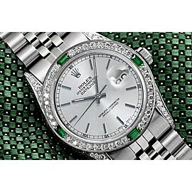 Rolex Datejust Silver Index Dial with Diamond Lugs + Emerald & Diamond Bezel Stainless Steel Watch