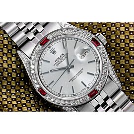 Rolex Datejust Silver Index Dial with Diamond Lugs + Ruby & Diamond Bezel Stainless Steel Watch