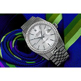 Rolex Oyster Perpetual Datejust Silver Index Dial Stainless Steel Watch Diamond Bezel