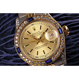 Ladies Rolex Datejust Champagne Index Dial Two Tone Watch with Sapphires & Diamonds