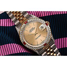 Women's Rolex 31mm Datejust Champagne Index Dial Two Tone Jubilee Watch with Rubies & Diamonds