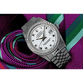 Rolex Oyster Perpetual 36mm Datejust White Roman Dial Stainless Steel Watch Diamond Bezel