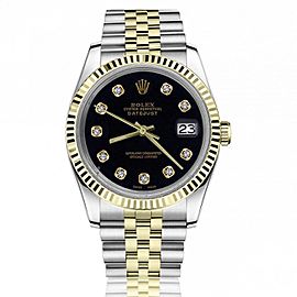 Rolex 36mm Datejust Black Diamond Dial 18k Yellow Gold Fluted Bezel Jubilee Two Tone Watch