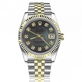 Rolex 36mm Datejust Black Mother Of Pearl Dial with Diamond Numbers Two Tone Automatic Watch