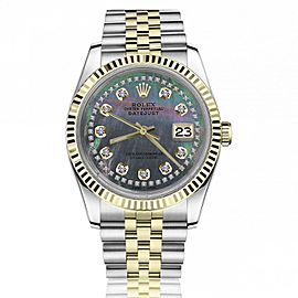 Rolex 36mm Datejust Two Row Diamond Black Mother of Pearl Dial 2 Tone Jubilee Band 16013 Watch