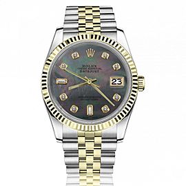 Rolex 36mm Datejust Black Mother Of Pearl Face with Baguette & Round Diamond Numbers