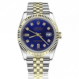 Rolex 36mm Datejust Blue 8+2 Diamond Accent Dial Yellow Gold Fluted Bezel Jubilee Band