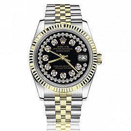 Rolex 36mm Datejust Glossy Black Dial with Two Row Diamonds Jubilee Band Two Tone Watch