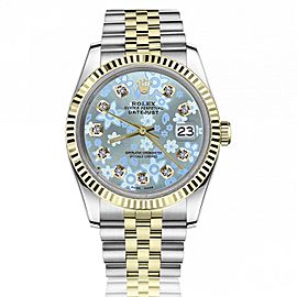 Rolex Datejust 36mm Two Tone Jubilee Watch Ice Blue Flower Dial with Diamond Numbers