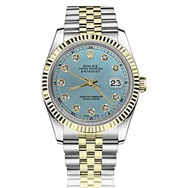 Rolex 36mm Datejust Ice Blue Dial with Diamond Accent Fluted Yellow Gold Bezel Jubilee Band