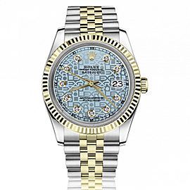 Rolex 36mm Datejust Discreet Jubilee Design Ice Blue Dial with Diamond Accent Fluted Gold Bezel