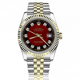 Rolex Oyster Perpetual 36mm Datejust Red Vignette Diamond Accent Dial Fluted Bezel