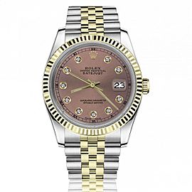 Rolex 36mm Datejust Salmon Dial with Round Diamond Markers Gold Fluted Bezel Jubilee Band