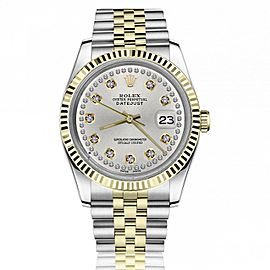 Rolex Oyster Perpetual Datejust Silver Diamond Dial Fluted Bezel Two Tone 36mm Watch