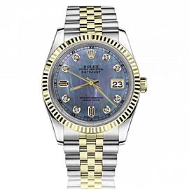 Rolex 36mm Datejust Tahitian Mother of Pearl 8+2 Diamond Dial Yellow Gold Fluted Bezel