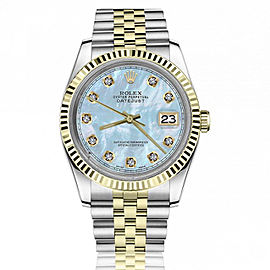 Rolex 36mm Datejust Baby Blue Mother Of Pearl Dial Round & Baguette Diamonds Yellow Gold Bezel