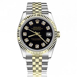 Rolex 36mm Datejust Black Diamond Accent Dial Swiss-Made Two Tone Jubilee Watch