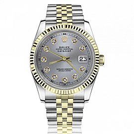 Rolex 36mm Datejust Grey Dial with Diamonds 18k Yellow Gold Fluted Bezel Automatic Watch
