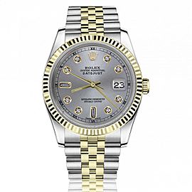 Rolex 36mm Datejust Grey Dial with Beguette & Round Diamond Numbers Fluted Yellow Gold Bezel