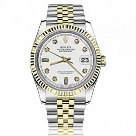 Rolex 36mm Datejust White Dial Baguette & Round Diamonds 18k Yellow Gold & Stainless Steel Watch
