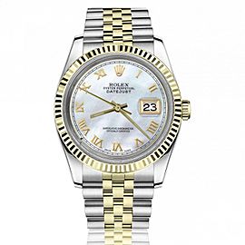 Rolex 36mm Datejust White Mother Of Pearl Dial with Roman Numerals Two Tone Jubilee Watch