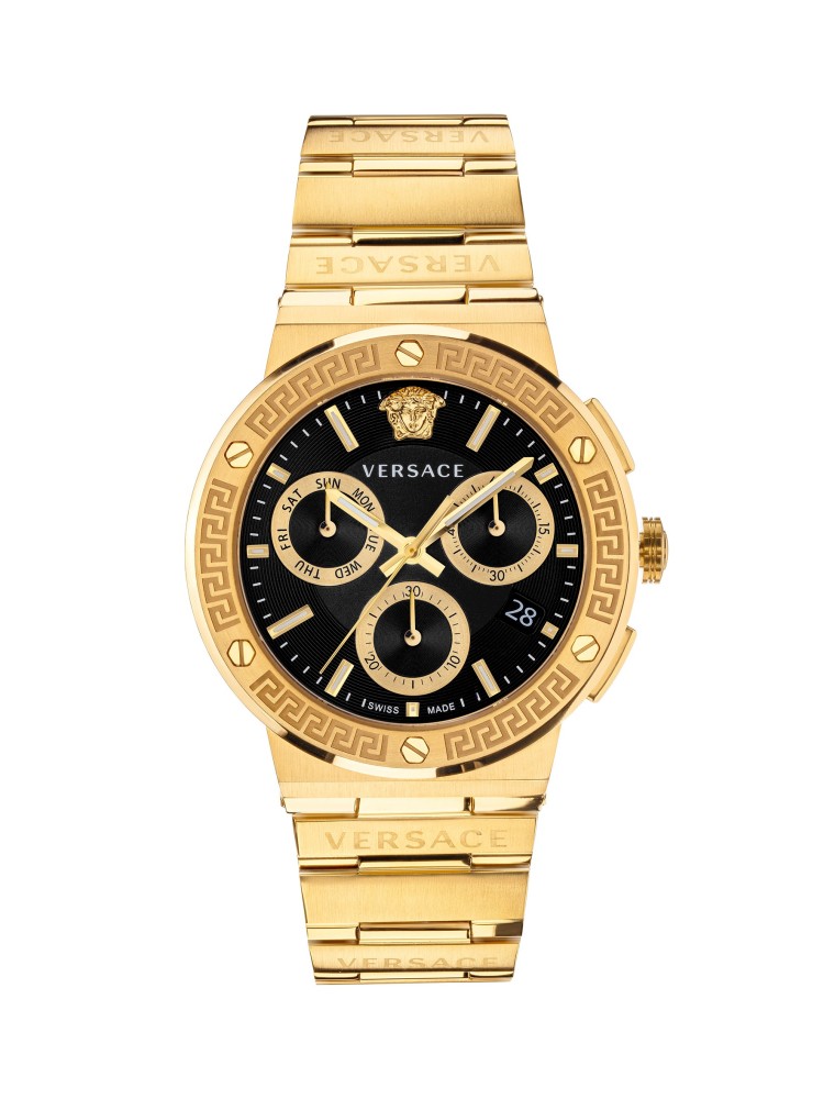 Greca Logo Chrono 43MM IP Yellow Gold Case Black Guilloché Dial Mens Watch