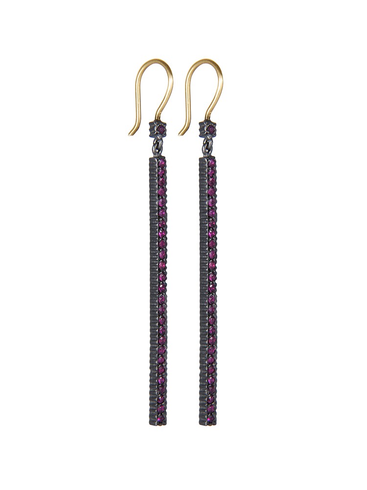Yossi Harari Jewelry Oxidized Gilver Pave Ruby Stick Lilah Earrings