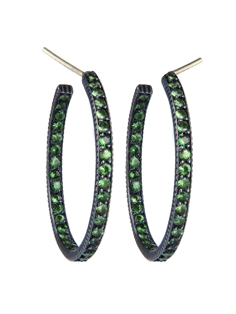 Yossi Harari Jewelry  Oxidized Silver Pave Tsavorite Lilah Hoop Earrings