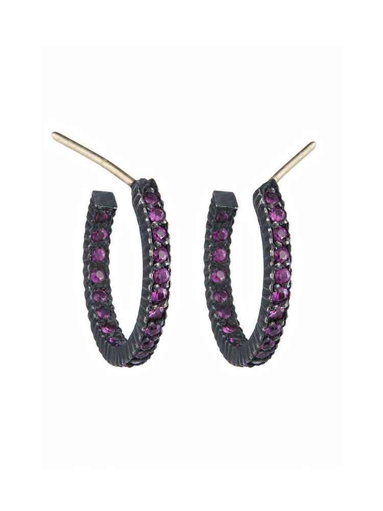 Yossi Harari Jewelry Oxidized Gilver Ruby Pavé Lilah Hoop Earrings 