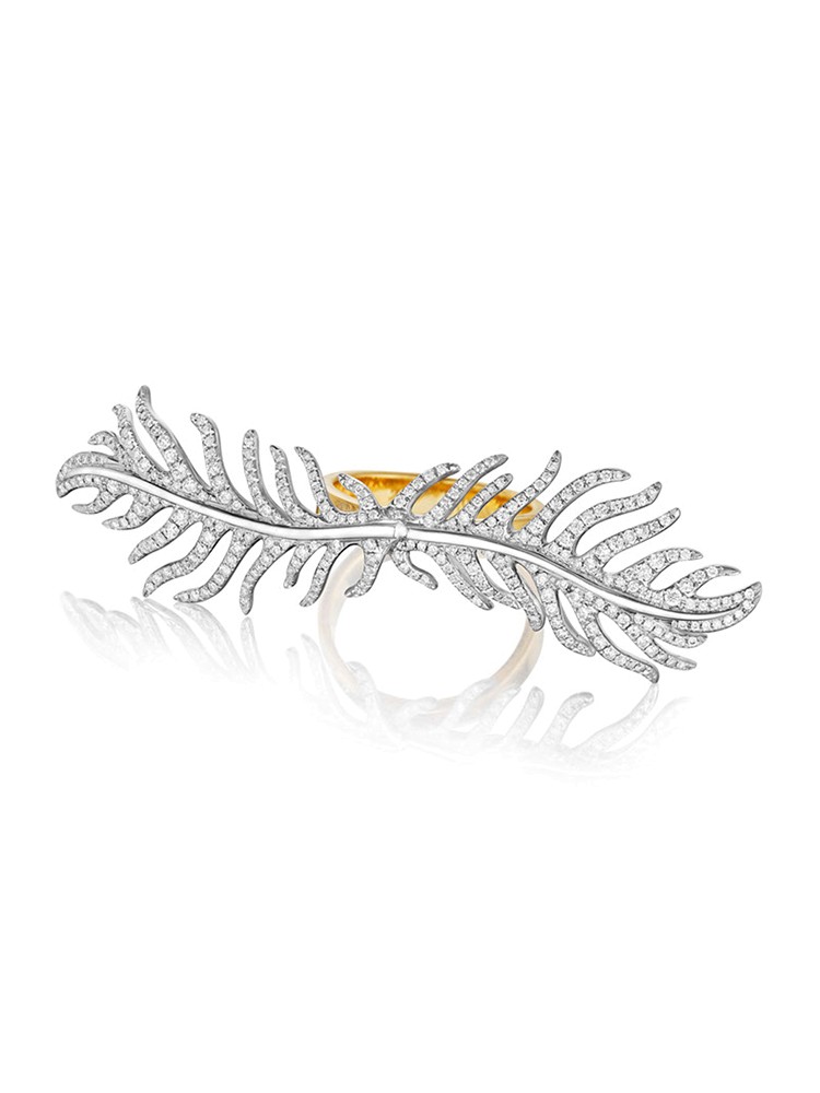 18K Gold Phoenix DoubleFeather Center Pave Diamond Ring