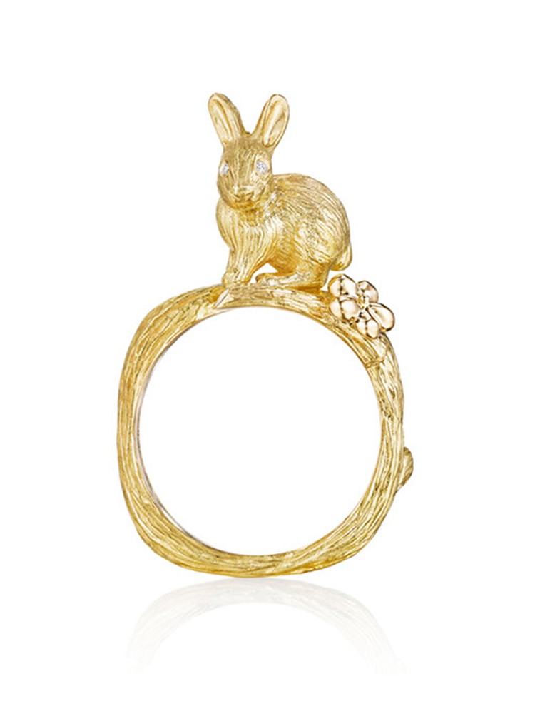 18K Gold Wonderland Stackable Bunny and Orchid Ring