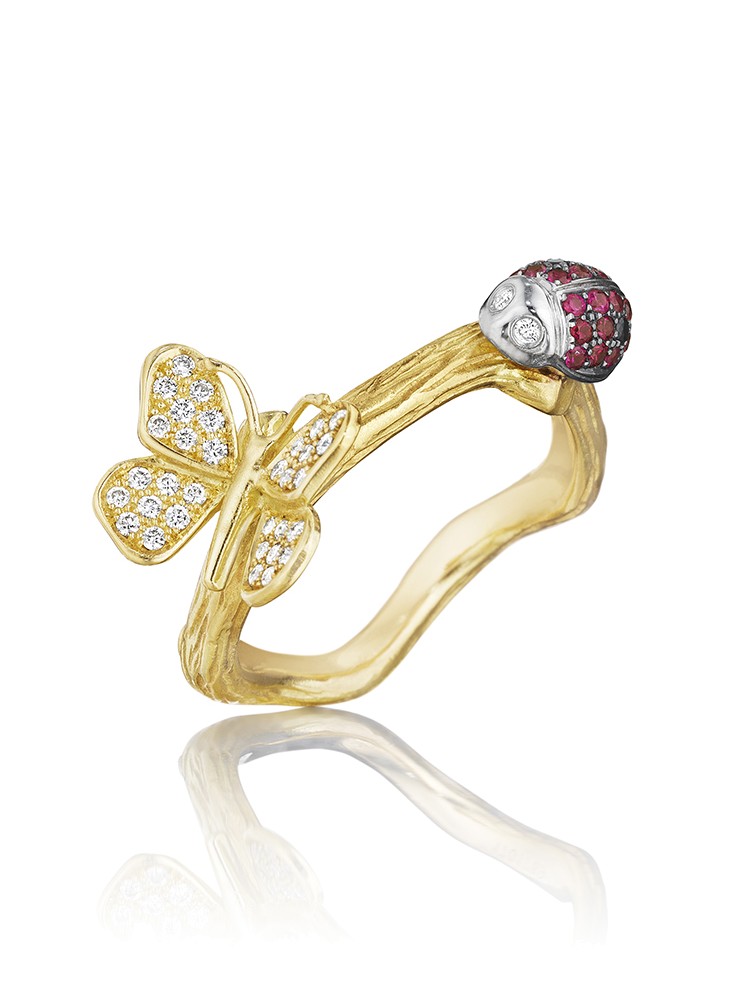 18K Gold Wonderland Stackable Lady Bug and Butterfly Ring