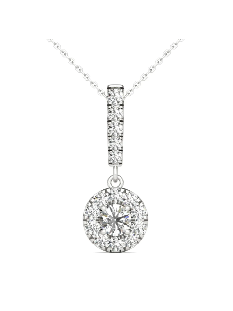 1/2 Ct tw 14K White Gold Natural Diamond Halo Stick Pendant Necklace