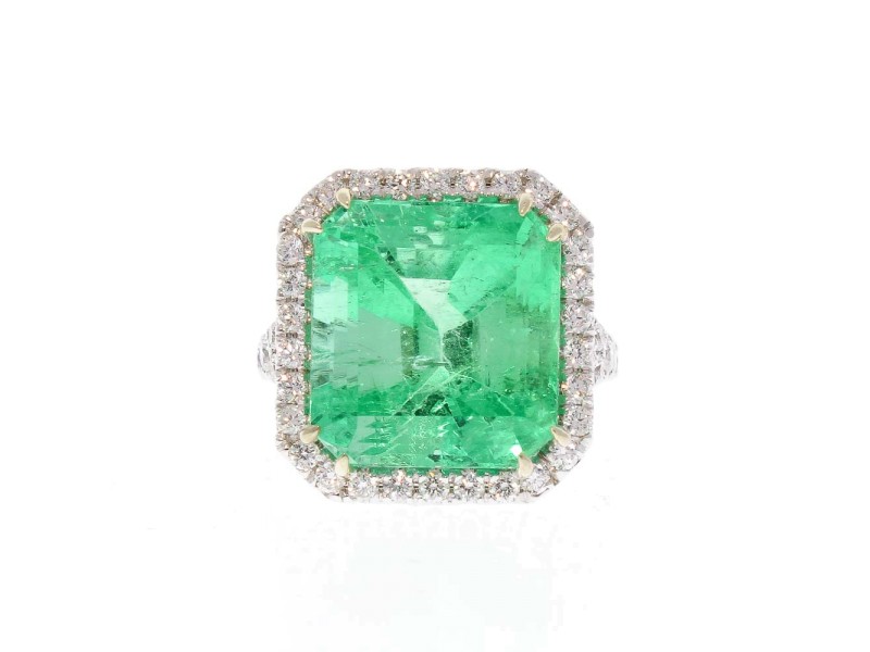 PGS Certified 13.06 Carat Colombian Emerald Cut Emerald and Diamond 18K Ring Heritage Gem Studio Buy at TrueFacet