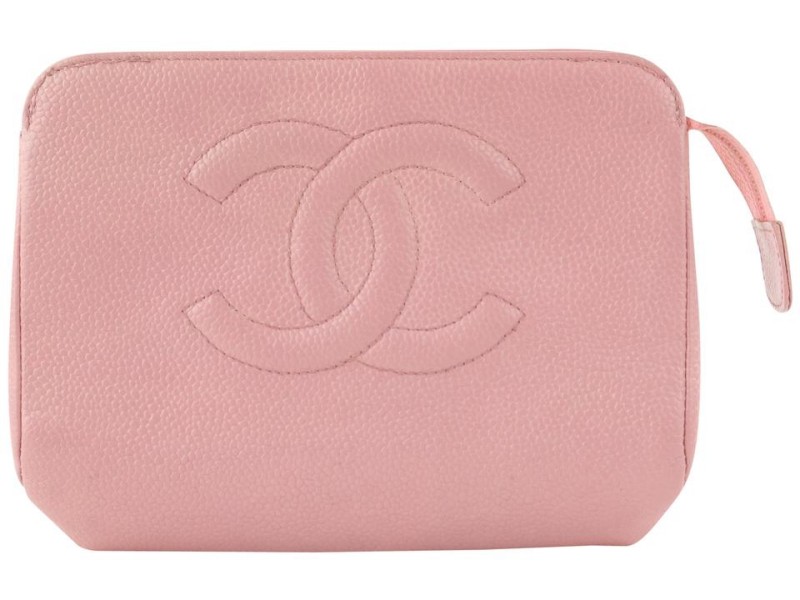 Chanel Pink Caviar Leather CC Logo Cosmetic Pouch Toiletry Bag 497cas67