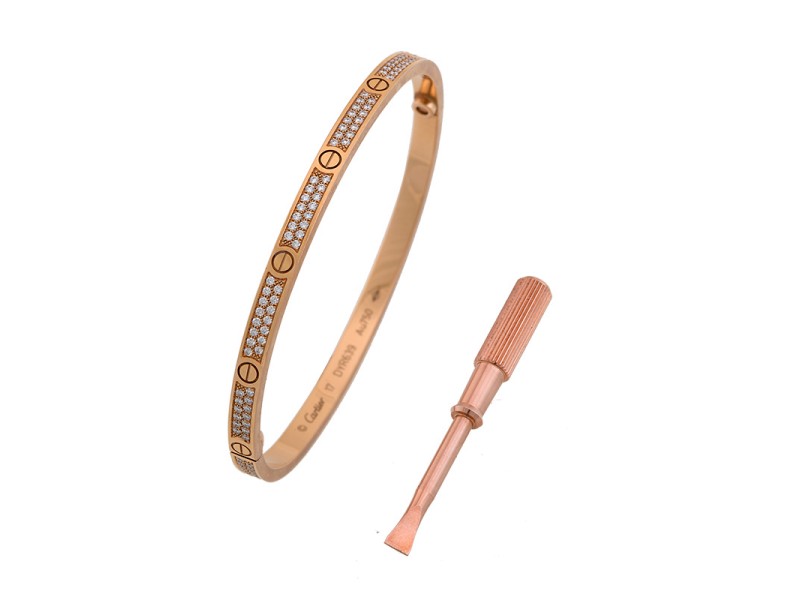 Cartier Love 18k Rose Gold Pave Diamond Small Model Bracelet Size 17