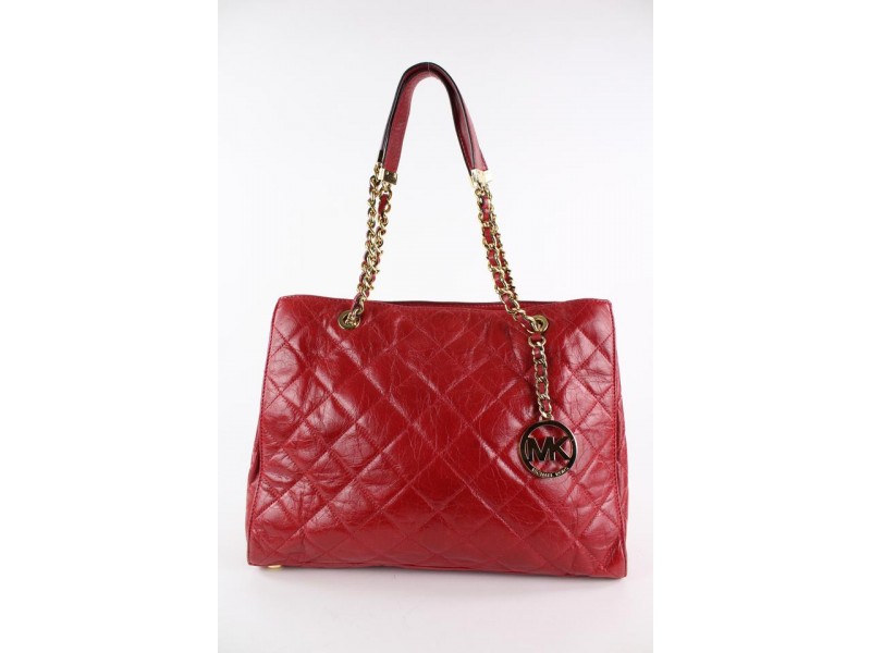 Michael Kors Quilted Red Leather MK Charm Susannah Chain Shopper Tote Bag 19MK1229